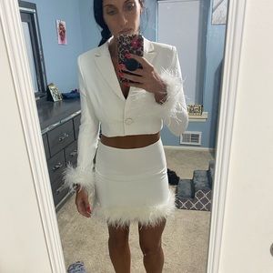 Club London white feather skirt with blazer